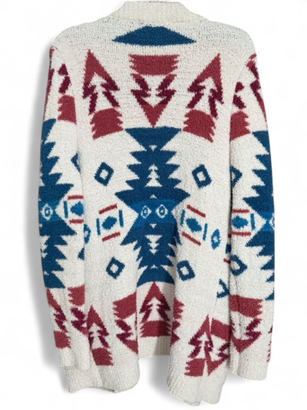 Doe & Rae Cozy Aztec Pattern Open Cardigan Sweater - Blue & Rose Red on Cream L